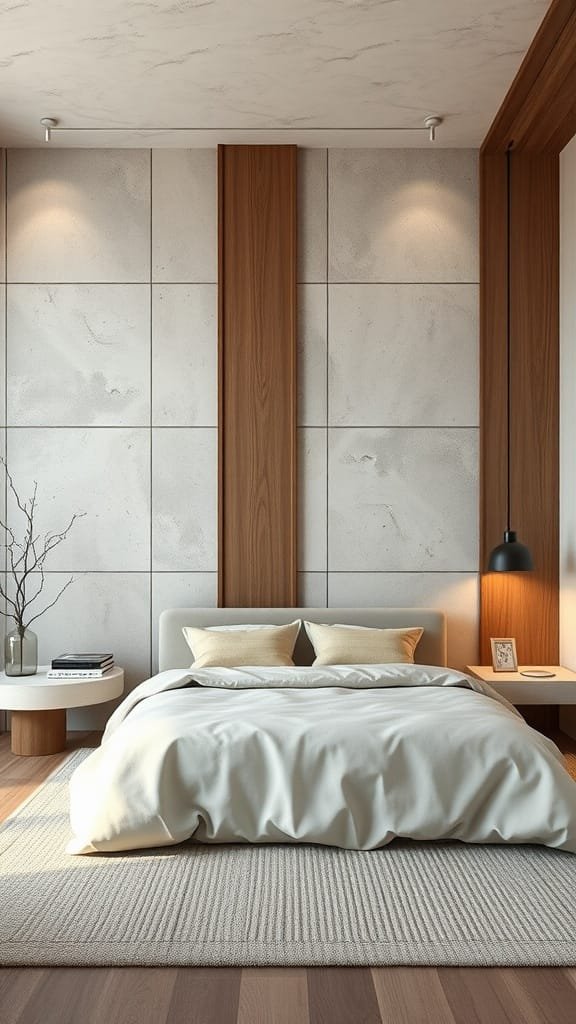 Modern bedroom with textured walls featuring plaster, limewash, and wood paneling.