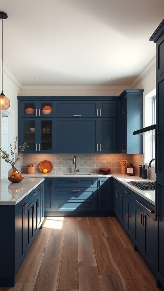 Modern kitchen featuring dark navy cabinets and wooden flooring