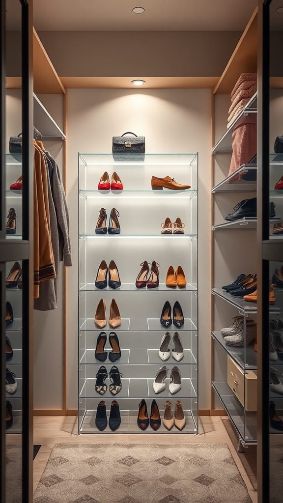 A small closet showcasing organized shoes in transparent acrylic boxes.