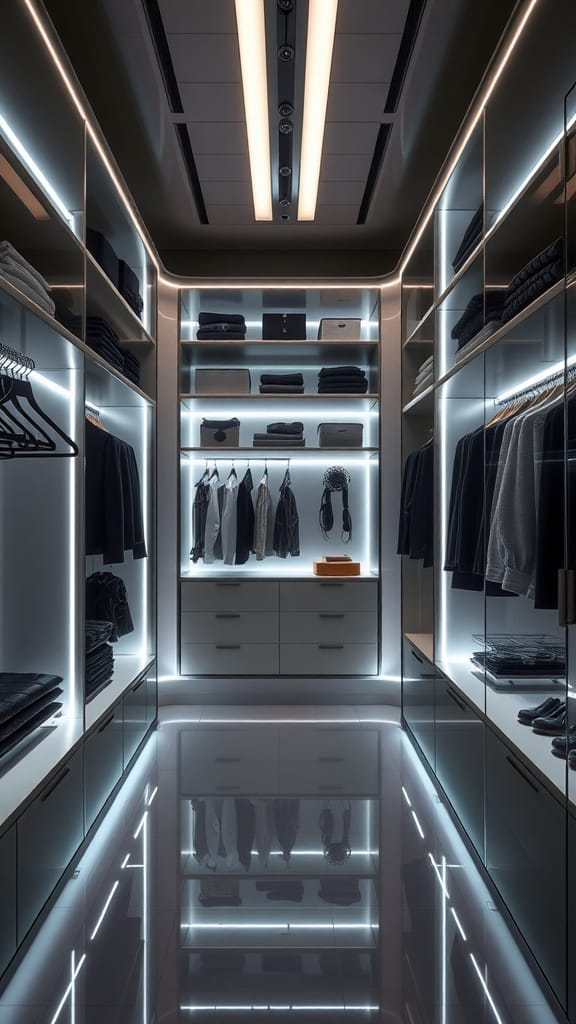 A modern closet featuring edge lighting with organized shelves and clothes.