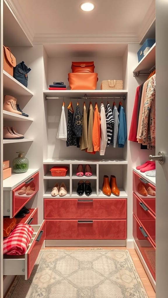 Organized small closet with velvet drawer liners and colorful accessories.